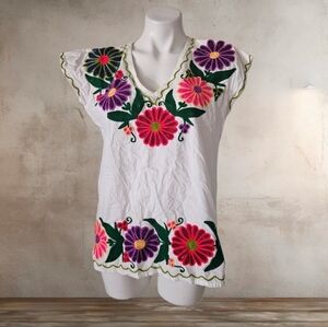 Floral Embroidered Women's Top - White with Multicolor Accents